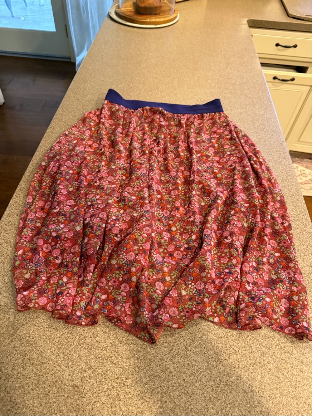 LuLaRoe Pink Floral Circle Skirt with Blue Waistband
